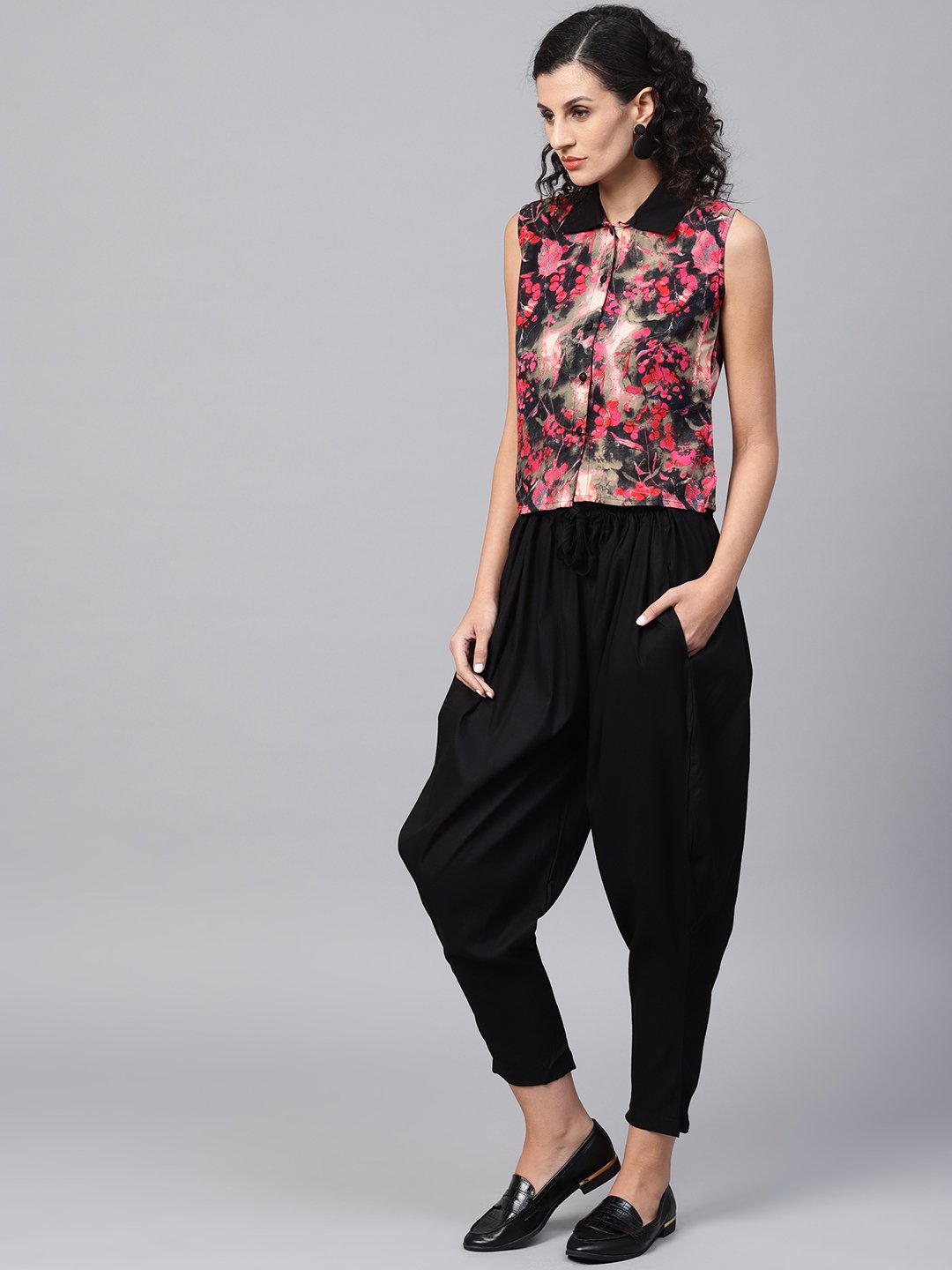 Pink & Black Printed Sleeveless Tops With Black Ankle Length Balloon Pant | LASVINI - Redefining Indian Fashion with Elegance