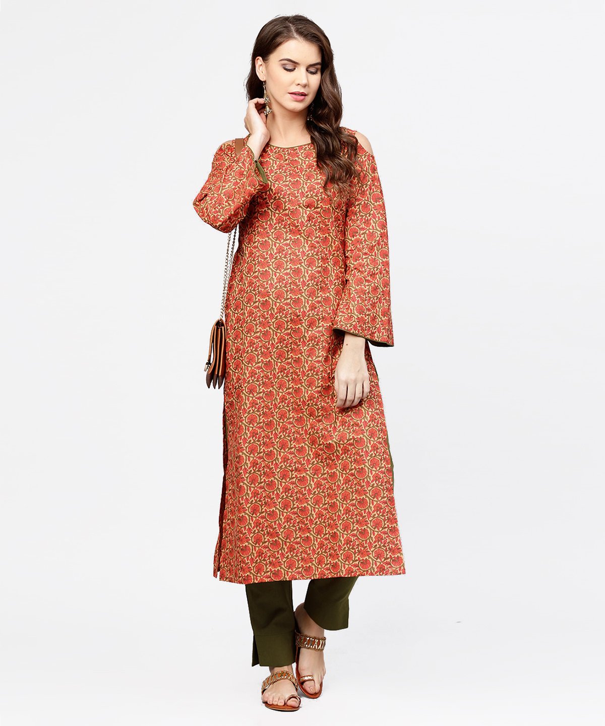 Red Printed Long Sleeve Cold Shoulder Cotton Kurta With Green Ankle Length Palazzo | LASVINI - Redefining Indian Fashion with Elegance