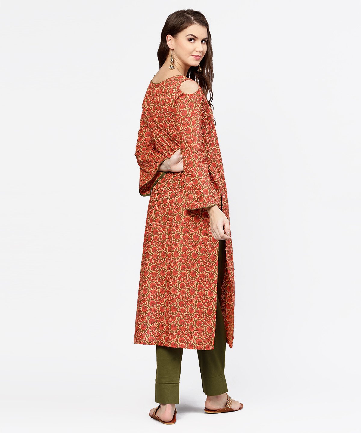 Red Printed Long Sleeve Cold Shoulder Cotton Kurta With Green Ankle Length Palazzo | LASVINI - Redefining Indian Fashion with Elegance