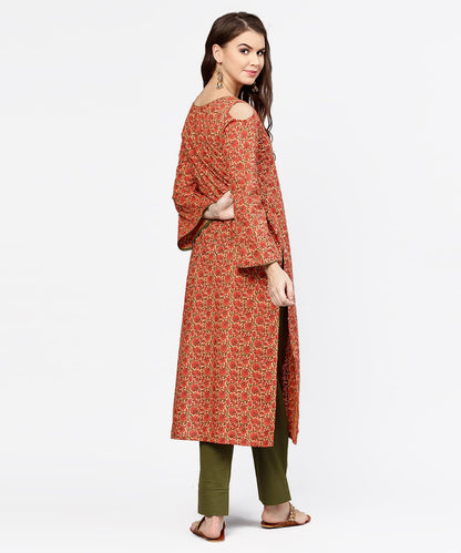 Red Printed Long Sleeve Cold Shoulder Cotton Kurta With Green Ankle Length Palazzo | LASVINI - Redefining Indian Fashion with Elegance