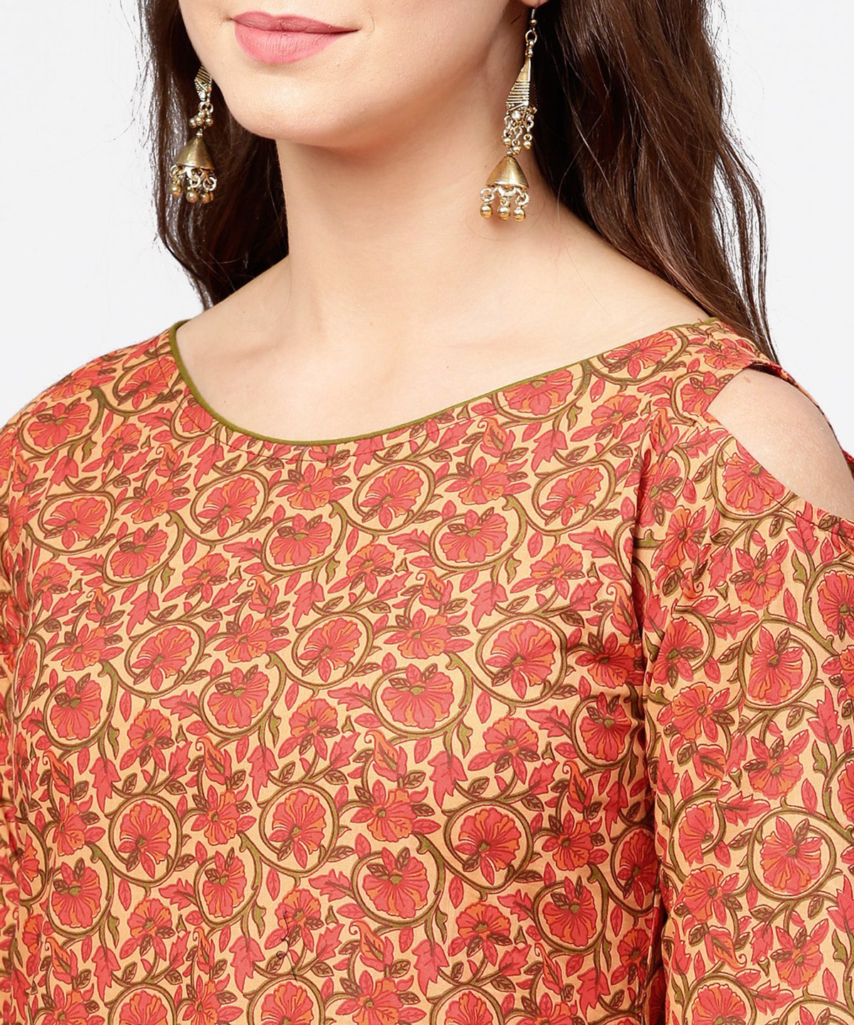 Red Printed Long Sleeve Cold Shoulder Cotton Kurta With Green Ankle Length Palazzo | LASVINI - Redefining Indian Fashion with Elegance