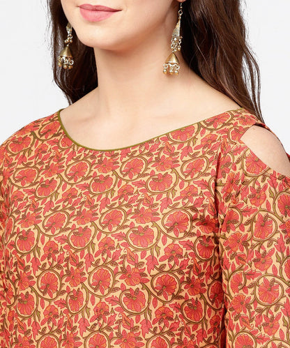 Red Printed Long Sleeve Cold Shoulder Cotton Kurta With Green Ankle Length Palazzo | LASVINI - Redefining Indian Fashion with Elegance