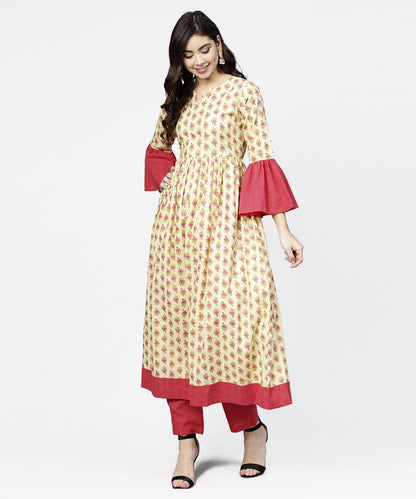 Off White Printed Full Sleeve Cotton Anarkali Kurta With Pink Ankle Length Palazzo | LASVINI - Redefining Indian Fashion with Elegance