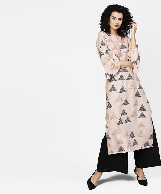 Beige Printed Long Flared Sleeve Straight Cotton Kurta With Black Ankle Length Flared Palazzo | LASVINI - Redefining Indian Fashion with Elegance