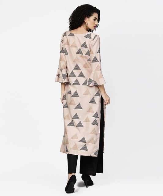 Beige Printed Long Flared Sleeve Straight Cotton Kurta With Black Ankle Length Flared Palazzo | LASVINI - Redefining Indian Fashion with Elegance