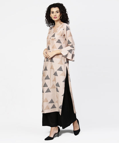 Beige Printed Long Flared Sleeve Straight Cotton Kurta With Black Ankle Length Flared Palazzo | LASVINI - Redefining Indian Fashion with Elegance