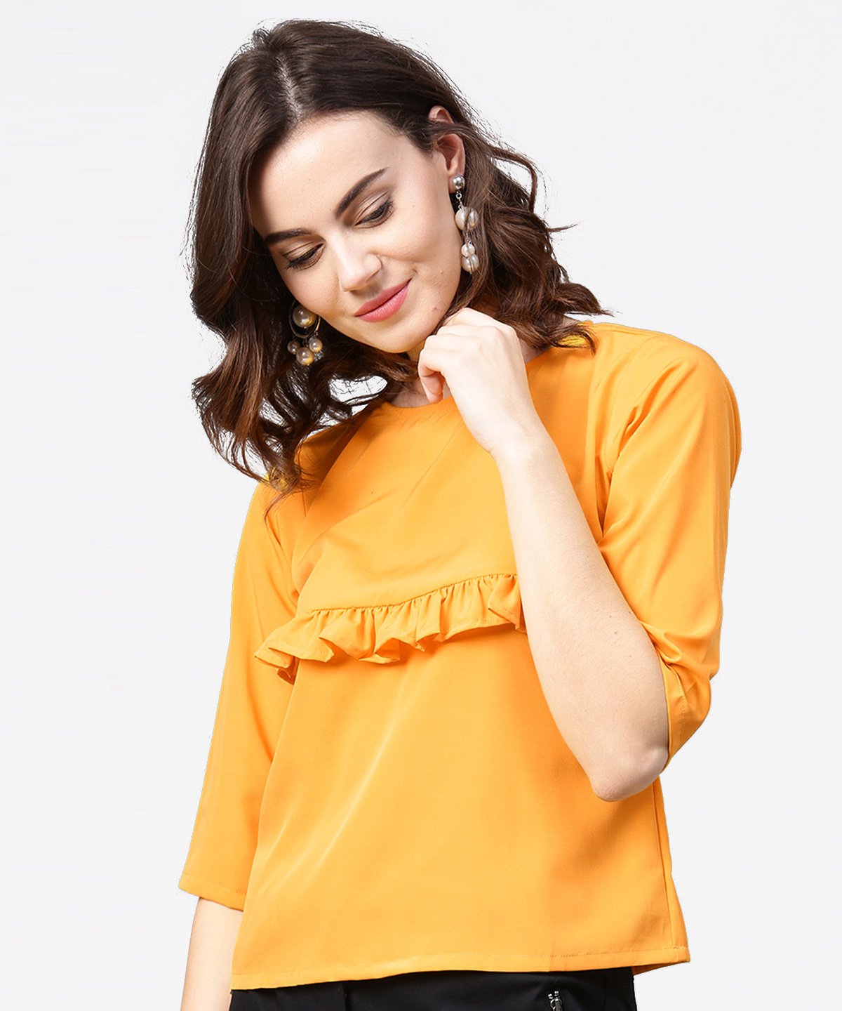 Yellow 3/4Th Sleeve Ruffle Tops | LASVINI - Redefining Indian Fashion with Elegance