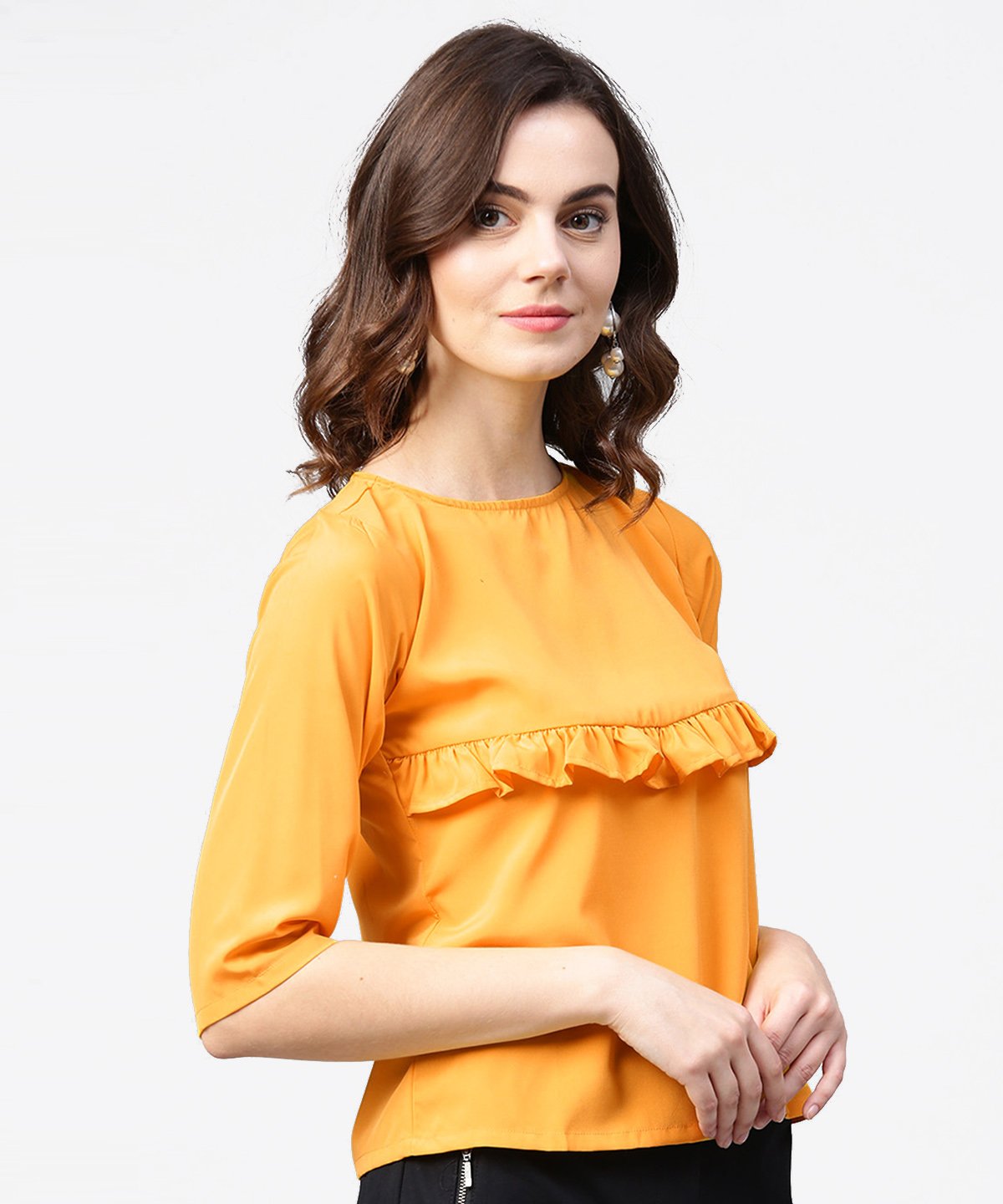 Yellow 3/4Th Sleeve Ruffle Tops | LASVINI - Redefining Indian Fashion with Elegance