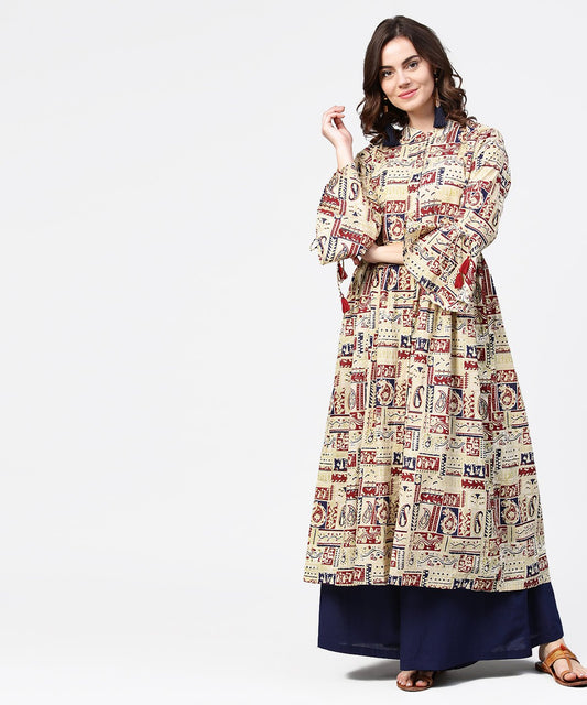 Beige Full Sleeve Cotton Anarkali Kurta With Blue Flared Ankle Length Palazzo | LASVINI - Redefining Indian Fashion with Elegance