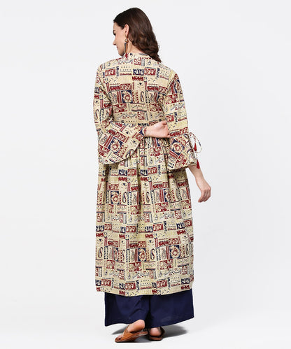 Beige Full Sleeve Cotton Anarkali Kurta With Blue Flared Ankle Length Palazzo | LASVINI - Redefining Indian Fashion with Elegance