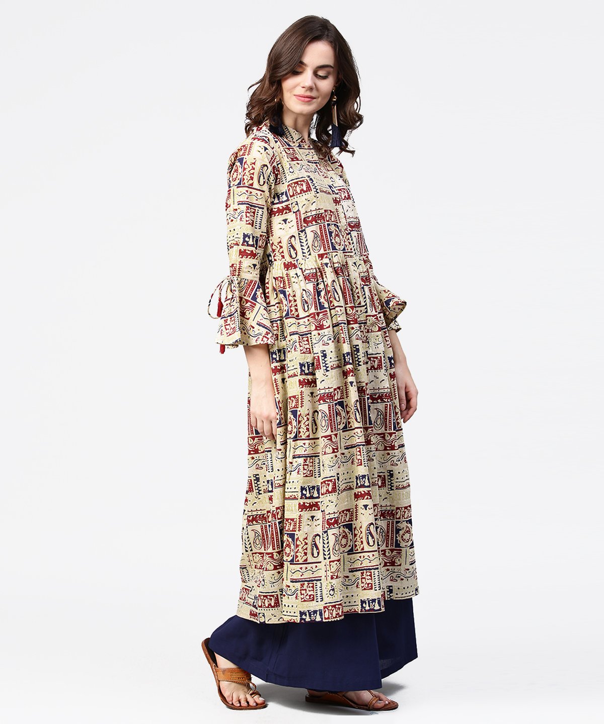Beige Full Sleeve Cotton Anarkali Kurta With Blue Flared Ankle Length Palazzo | LASVINI - Redefining Indian Fashion with Elegance