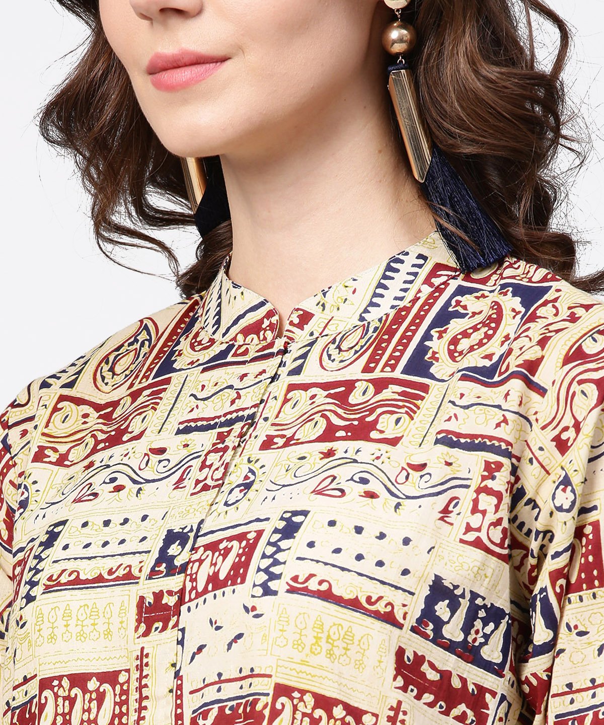 Beige Full Sleeve Cotton Anarkali Kurta With Blue Flared Ankle Length Palazzo | LASVINI - Redefining Indian Fashion with Elegance