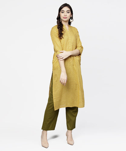Yellow 3/4Th Sleeve Printed Cotton Straight Kurta Green Ankle Length Pallazo | LASVINI - Redefining Indian Fashion with Elegance