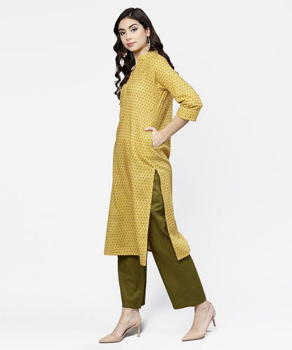 Yellow 3/4Th Sleeve Printed Cotton Straight Kurta Green Ankle Length Pallazo | LASVINI - Redefining Indian Fashion with Elegance