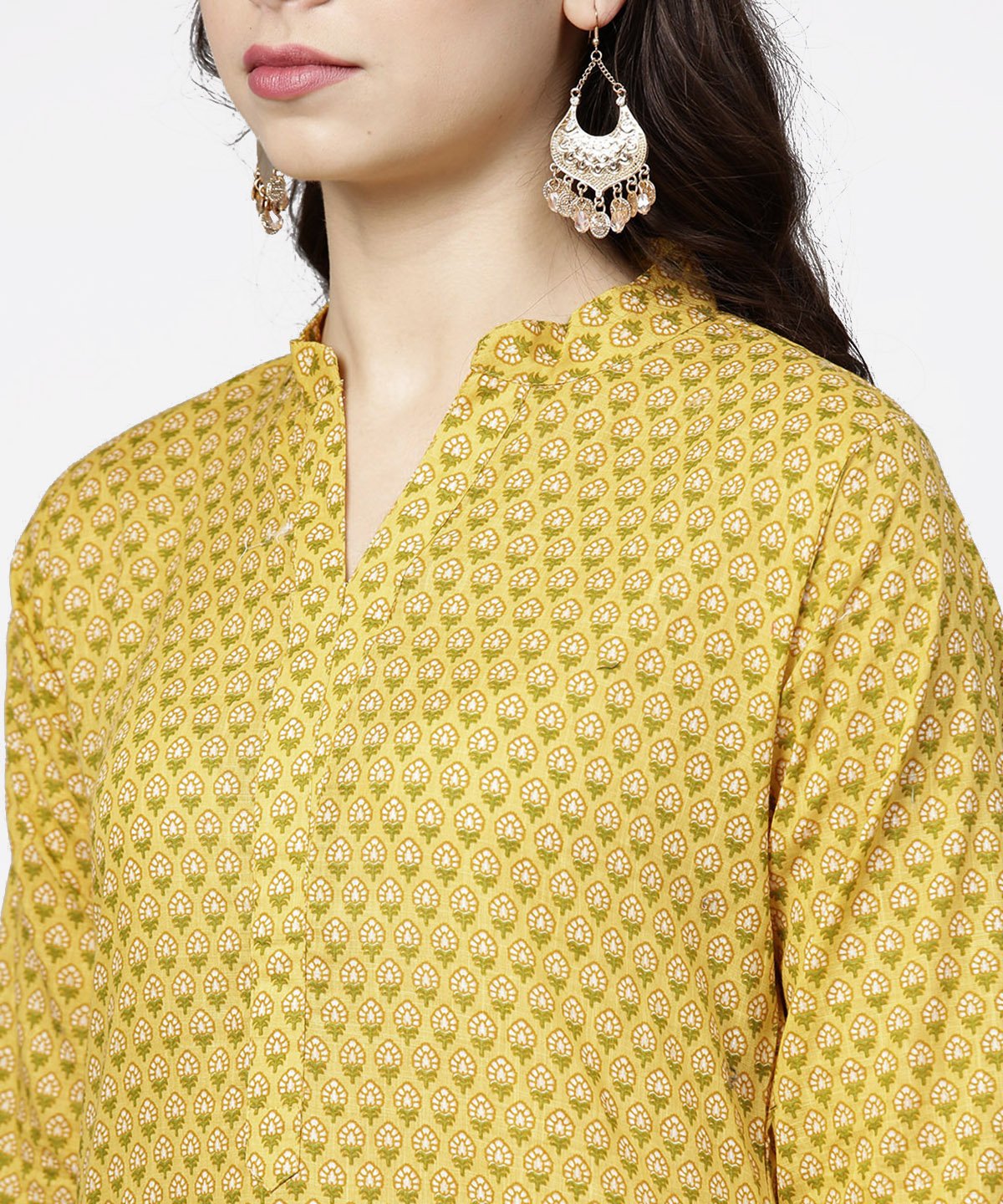 Yellow 3/4Th Sleeve Printed Cotton Straight Kurta Green Ankle Length Pallazo | LASVINI - Redefining Indian Fashion with Elegance