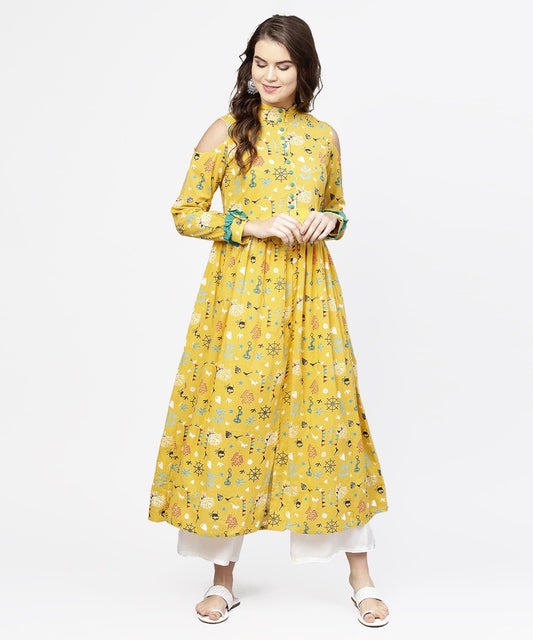 Yellow Printed 3/4Th Cold Shoulder Sleeve Cotton Kurta | LASVINI - Redefining Indian Fashion with Elegance
