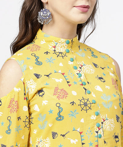 Yellow Printed 3/4Th Cold Shoulder Sleeve Cotton Kurta | LASVINI - Redefining Indian Fashion with Elegance