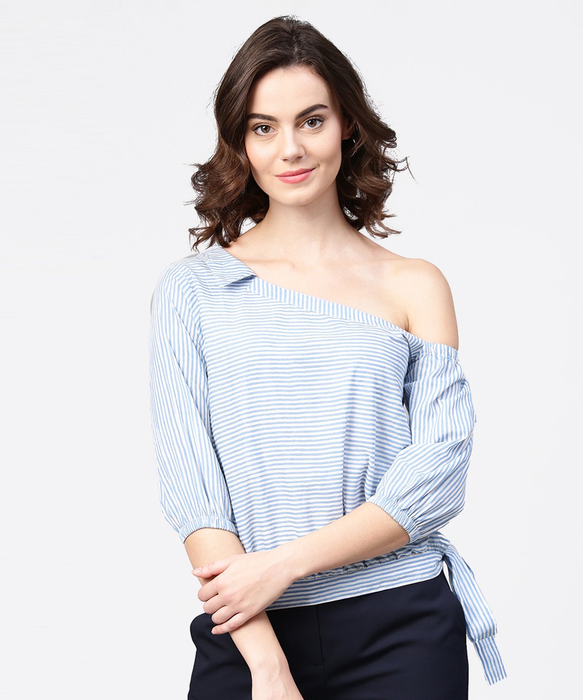 Blue Striped Half One Side Off Shoulder Cotton Tops | LASVINI - Redefining Indian Fashion with Elegance