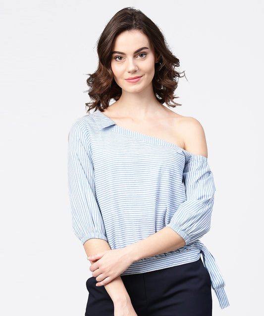 Blue Striped Half One Side Off Shoulder Cotton Tops | LASVINI - Redefining Indian Fashion with Elegance