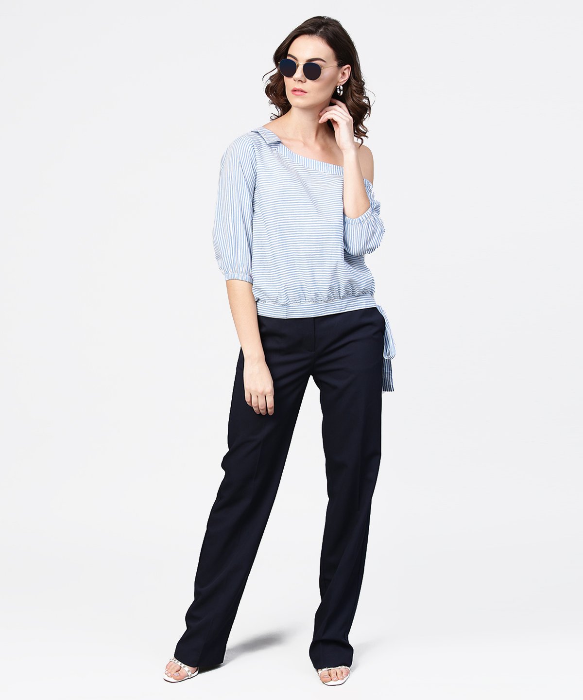 Blue Striped Half One Side Off Shoulder Cotton Tops | LASVINI - Redefining Indian Fashion with Elegance