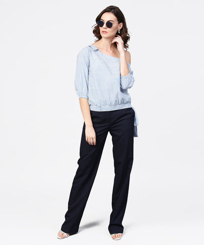 Blue Striped Half One Side Off Shoulder Cotton Tops | LASVINI - Redefining Indian Fashion with Elegance