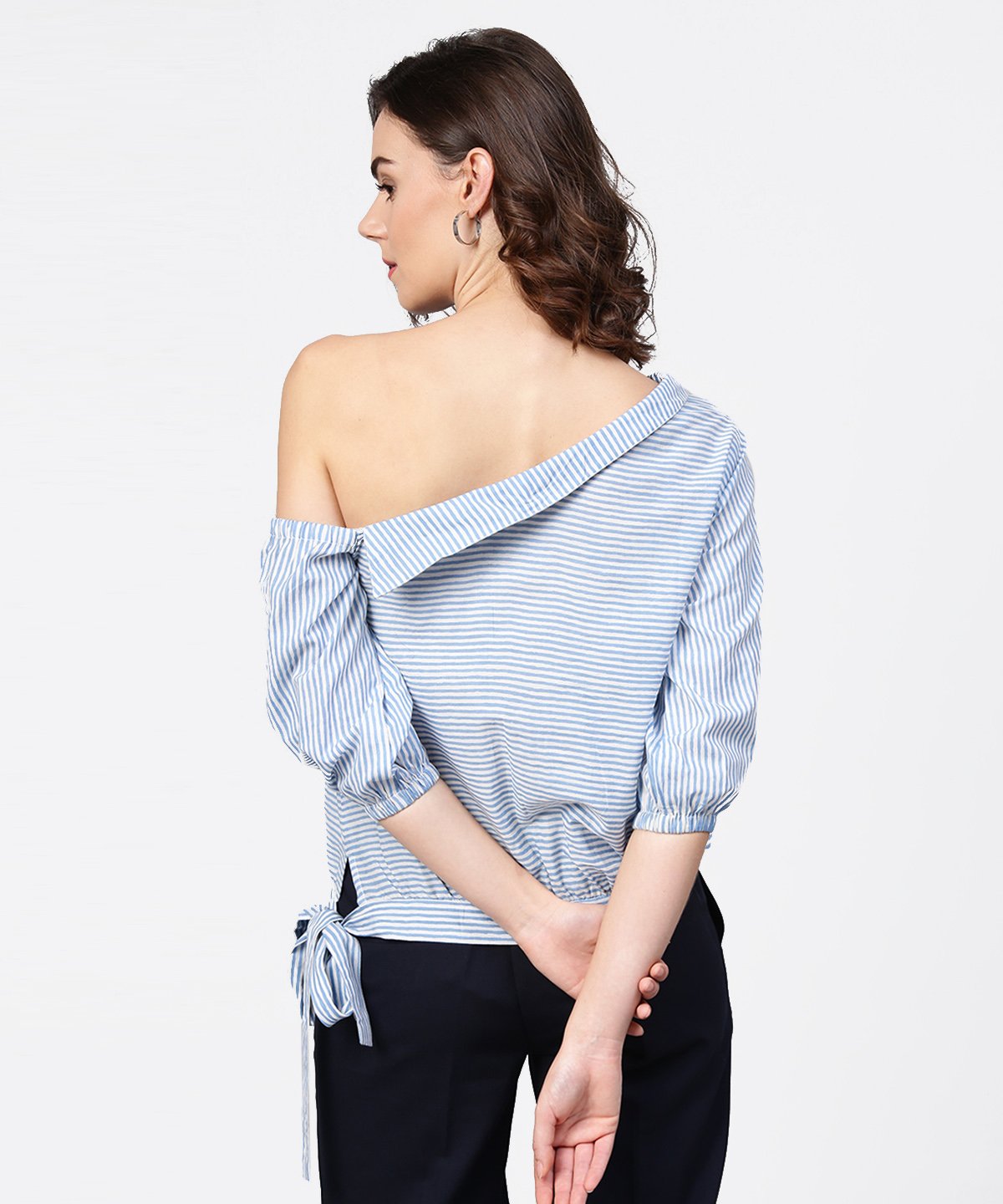 Blue Striped Half One Side Off Shoulder Cotton Tops | LASVINI - Redefining Indian Fashion with Elegance