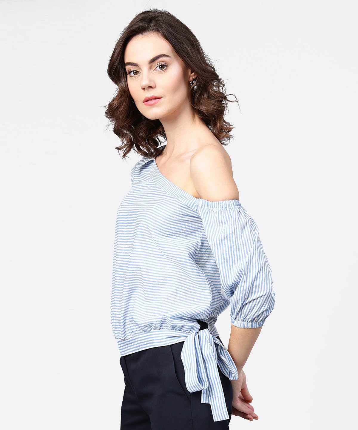 Blue Striped Half One Side Off Shoulder Cotton Tops | LASVINI - Redefining Indian Fashion with Elegance