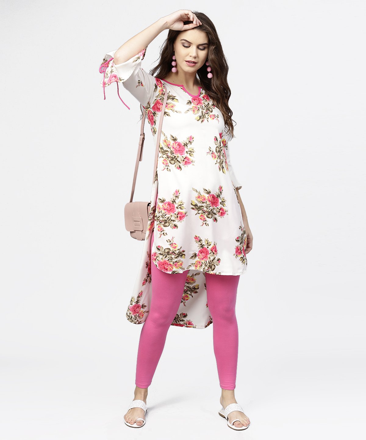 Off White Flower Print 3/4Th Sleeve Crepe Low High Kurta | LASVINI - Redefining Indian Fashion with Elegance