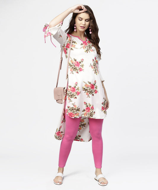 Off White Flower Print 3/4Th Sleeve Crepe Low High Kurta | LASVINI - Redefining Indian Fashion with Elegance