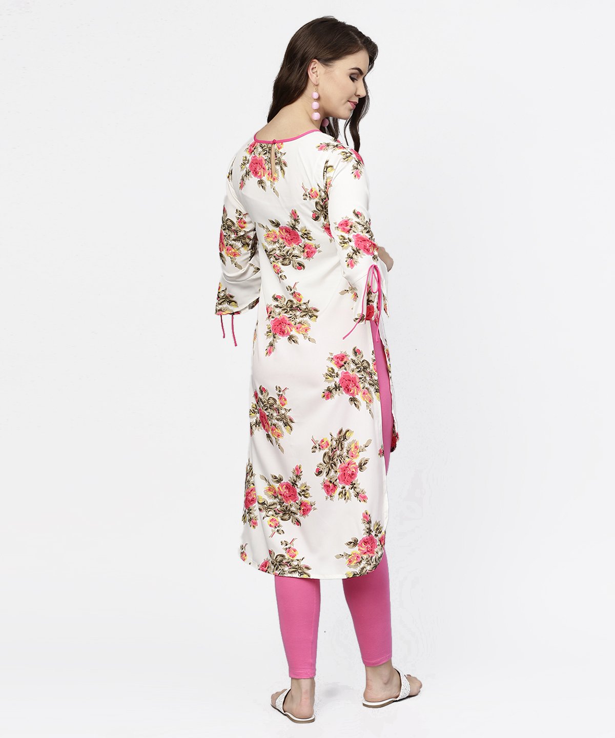 Off White Flower Print 3/4Th Sleeve Crepe Low High Kurta | LASVINI - Redefining Indian Fashion with Elegance