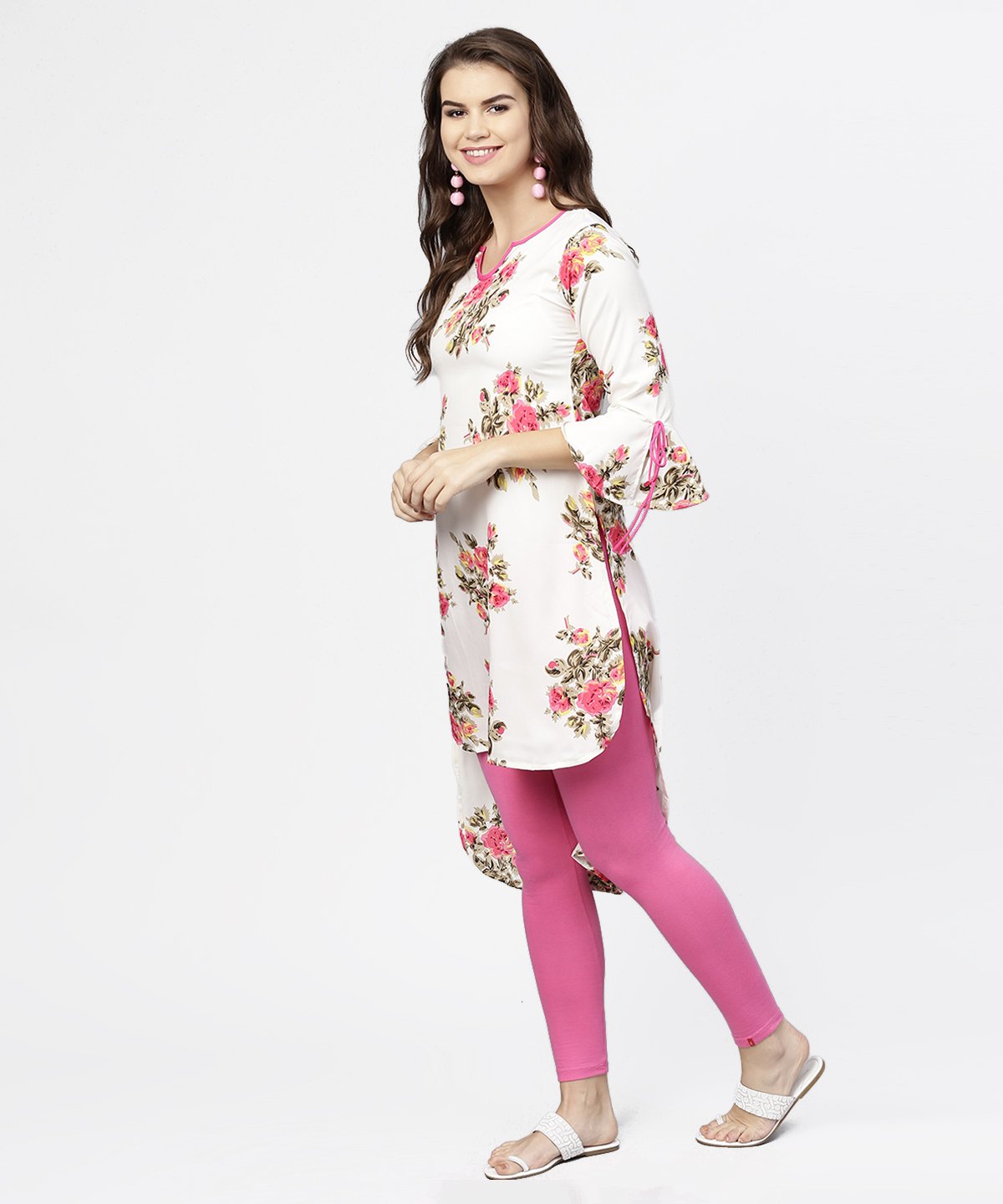 Off White Flower Print 3/4Th Sleeve Crepe Low High Kurta | LASVINI - Redefining Indian Fashion with Elegance