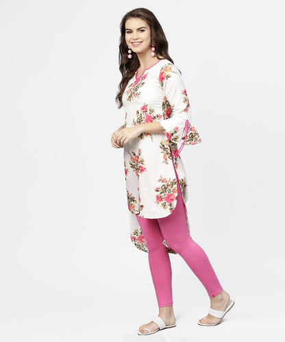 Off White Flower Print 3/4Th Sleeve Crepe Low High Kurta | LASVINI - Redefining Indian Fashion with Elegance
