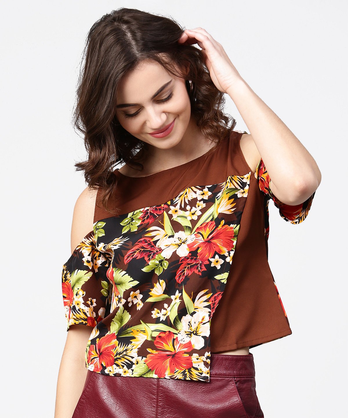 Coffee Brown Printed Short Cold Shoulder Crepe Tops | LASVINI - Redefining Indian Fashion with Elegance