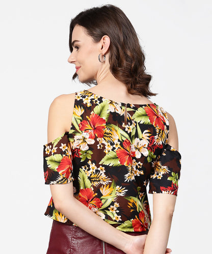 Coffee Brown Printed Short Cold Shoulder Crepe Tops | LASVINI - Redefining Indian Fashion with Elegance