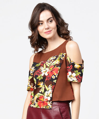 Coffee Brown Printed Short Cold Shoulder Crepe Tops | LASVINI - Redefining Indian Fashion with Elegance