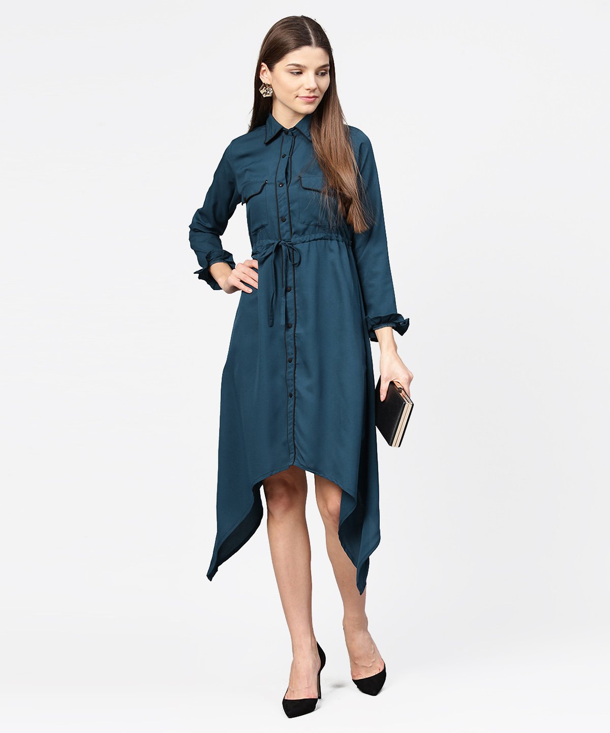 Blue Full Sleeve Crepe Front Open Dress With Front Pocket And Belt | LASVINI - Redefining Indian Fashion with Elegance