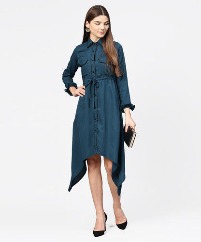 Blue Full Sleeve Crepe Front Open Dress With Front Pocket And Belt | LASVINI - Redefining Indian Fashion with Elegance