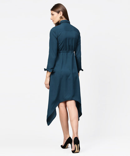 Blue Full Sleeve Crepe Front Open Dress With Front Pocket And Belt | LASVINI - Redefining Indian Fashion with Elegance