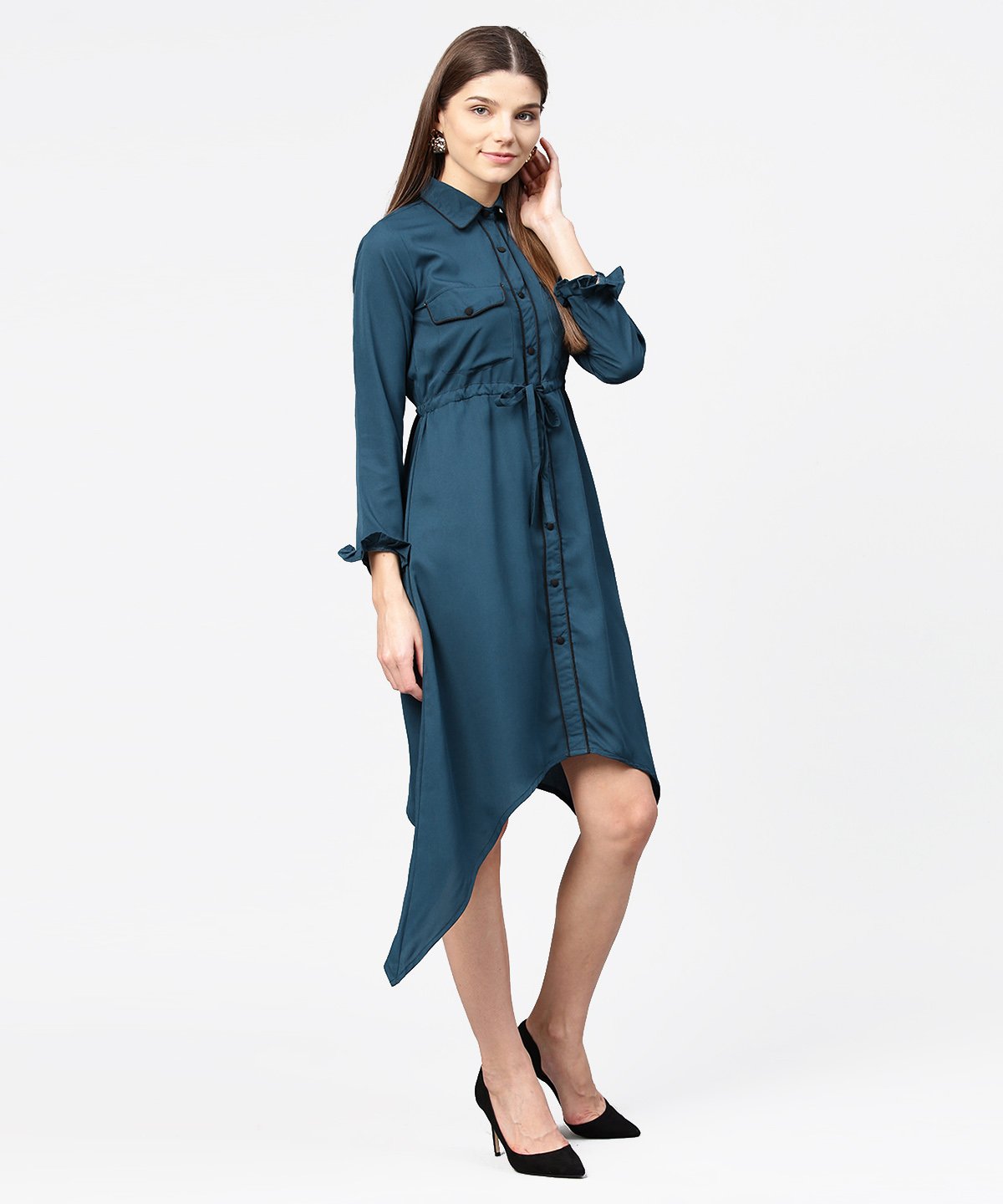 Blue Full Sleeve Crepe Front Open Dress With Front Pocket And Belt | LASVINI - Redefining Indian Fashion with Elegance