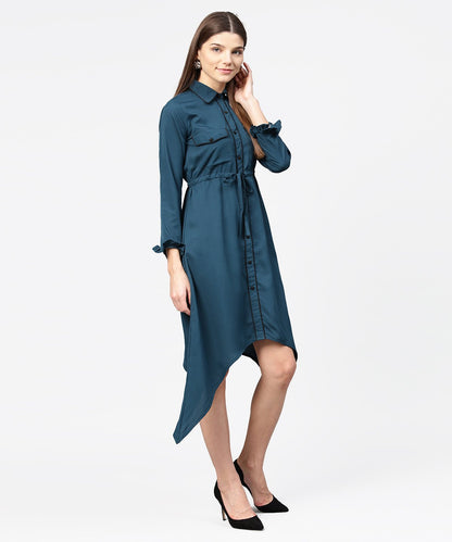 Blue Full Sleeve Crepe Front Open Dress With Front Pocket And Belt | LASVINI - Redefining Indian Fashion with Elegance