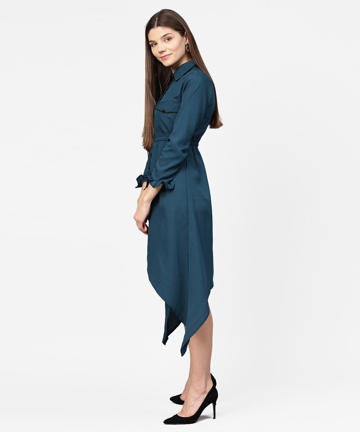 Blue Full Sleeve Crepe Front Open Dress With Front Pocket And Belt | LASVINI - Redefining Indian Fashion with Elegance
