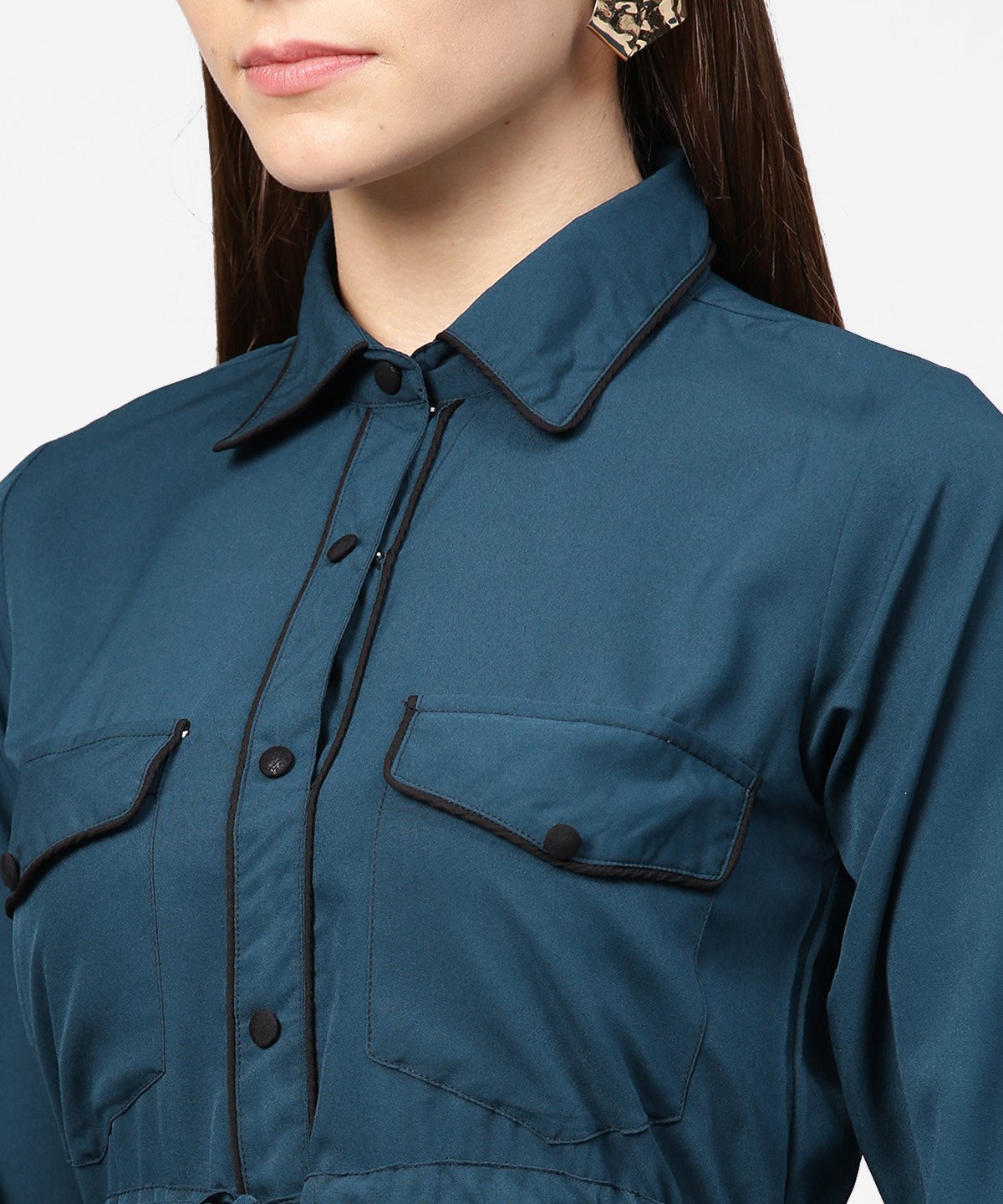 Blue Full Sleeve Crepe Front Open Dress With Front Pocket And Belt | LASVINI - Redefining Indian Fashion with Elegance