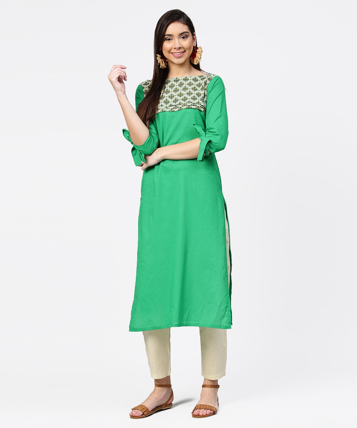 Green Yoke Printed Half Sleeve Cotton Kurta With Cream Ankle Length Pallazo | LASVINI - Redefining Indian Fashion with Elegance