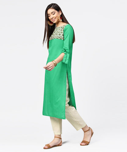 Green Yoke Printed Half Sleeve Cotton Kurta With Cream Ankle Length Pallazo | LASVINI - Redefining Indian Fashion with Elegance