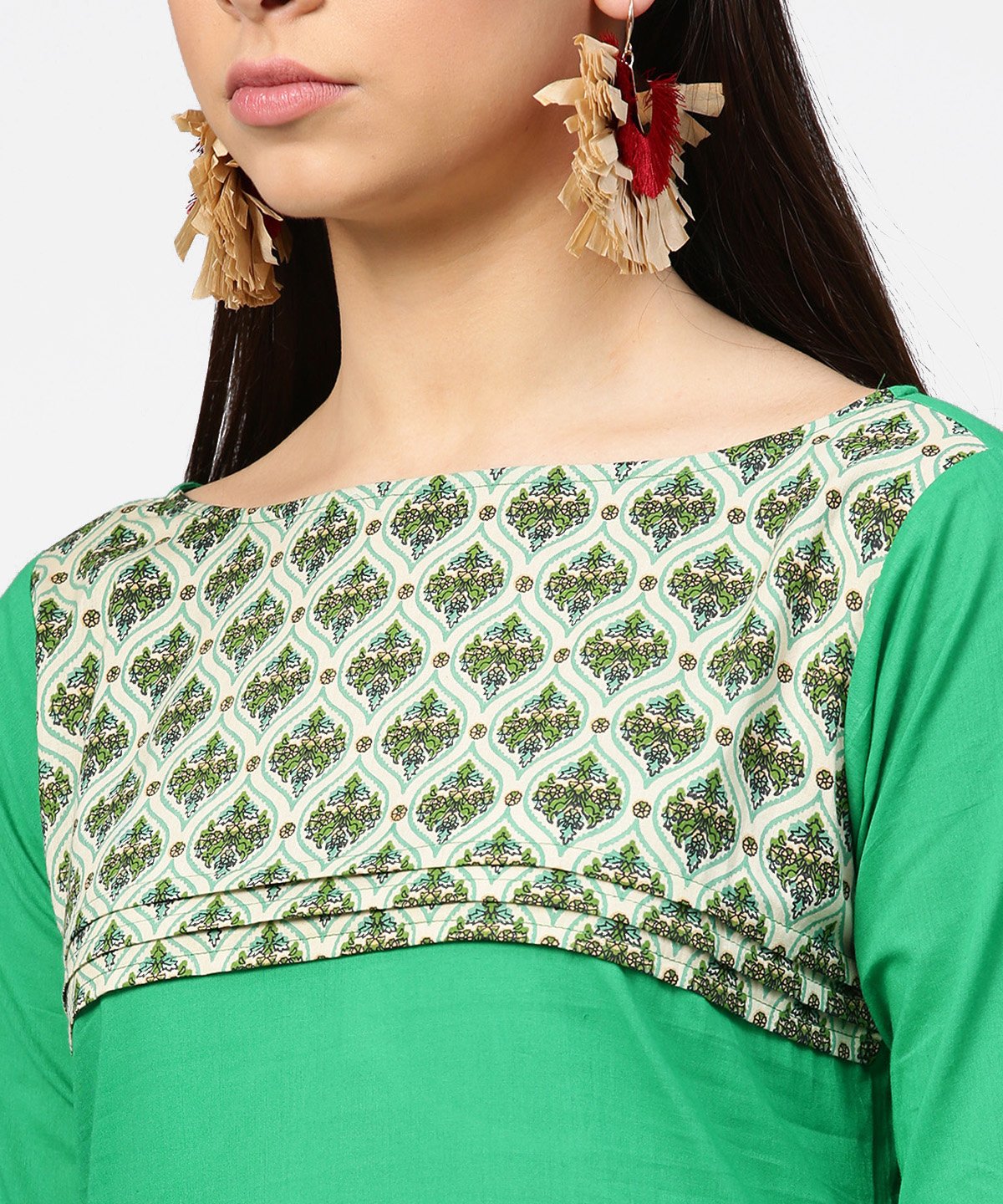Green Yoke Printed Half Sleeve Cotton Kurta With Cream Ankle Length Pallazo | LASVINI - Redefining Indian Fashion with Elegance