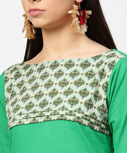 Green Yoke Printed Half Sleeve Cotton Kurta With Cream Ankle Length Pallazo | LASVINI - Redefining Indian Fashion with Elegance