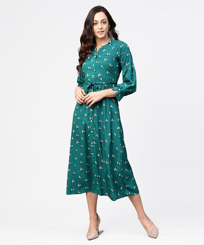 Blue Printed Full Sleeve Maxi Dress With Belt | LASVINI - Redefining Indian Fashion with Elegance