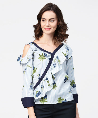 Blue Striped 3/4Th Sleeve Cold Shoulder Ruffle Top | LASVINI - Redefining Indian Fashion with Elegance