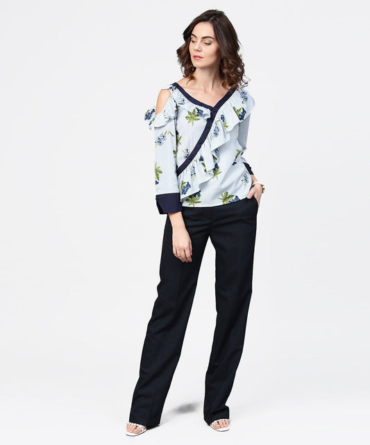 Blue Striped 3/4Th Sleeve Cold Shoulder Ruffle Top | LASVINI - Redefining Indian Fashion with Elegance