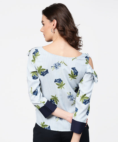 Blue Striped 3/4Th Sleeve Cold Shoulder Ruffle Top | LASVINI - Redefining Indian Fashion with Elegance